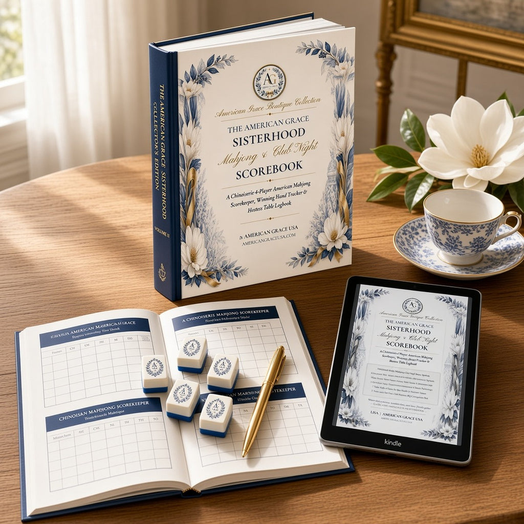 The American Grace Sisterhood Mahjong & Club Night Scorebook (Volume II) — Hardcover, Open Score Spread & Kindle on Warm White Oak Table