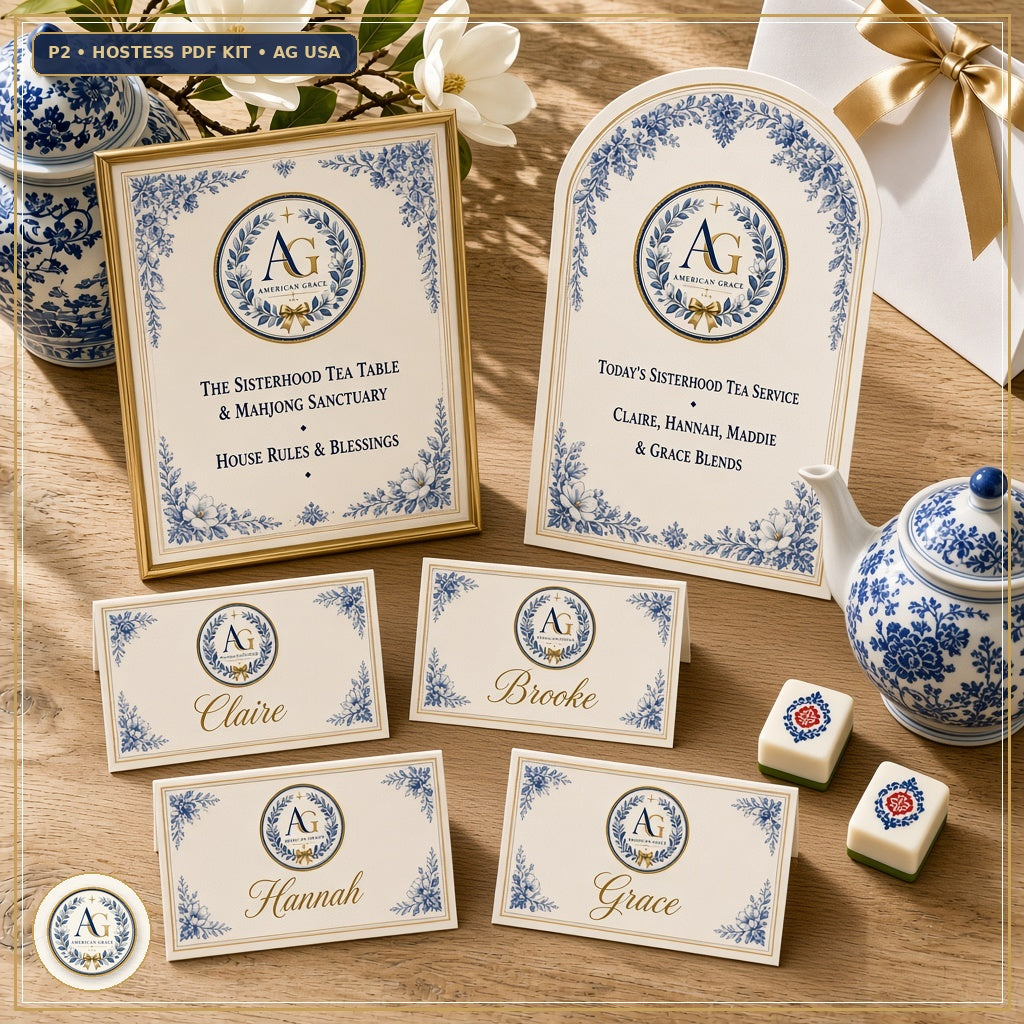 Claire's Mahjong, Tea Party & Book Club Printable Hostess Table Kit (Place Cards, Tea Tasting Menu & Award Certificates) — Flagship Boutique Oak Table Studio