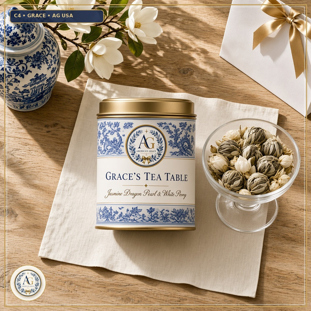 Grace's Chinoiserie Tea Table Blend — USDA Organic Jasmine Dragon Pearl & White Peony Tea (American Grace USA) — Flagship Boutique Oak Table Studio