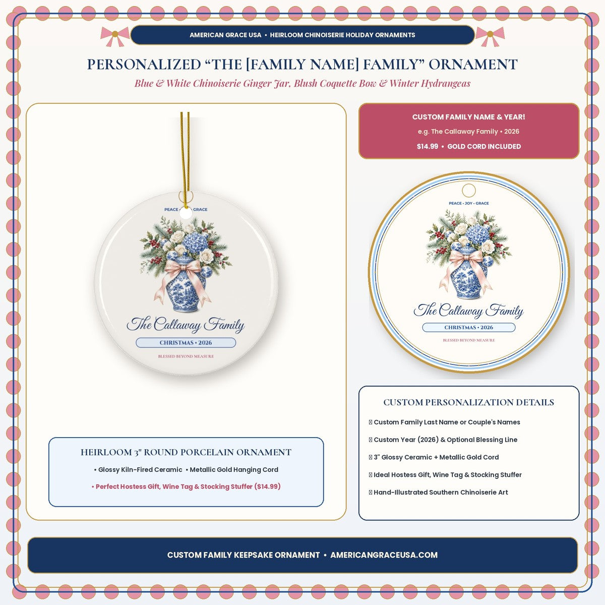 Personalized Family Name Christmas 2026 Chinoiserie Ginger Jar & Coquette Bow Ceramic Ornament Boutique Hero Card - AmericanGraceUSA
