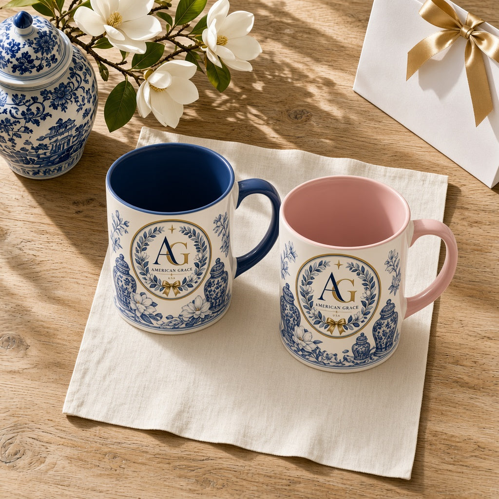 Claire's "Magnolia & Ginger Jar" Two-Tone Chinoiserie Tea Mug — American Grace USA — Sunlit White Oak Table Close-Up