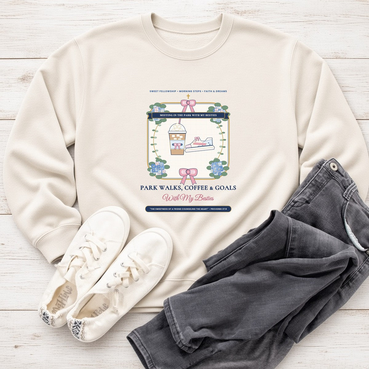 Park Walks Coffee & Goals With My Besties Sweatshirt White Shiplap Boutique Outfit Flat-Lay | American Grace USA