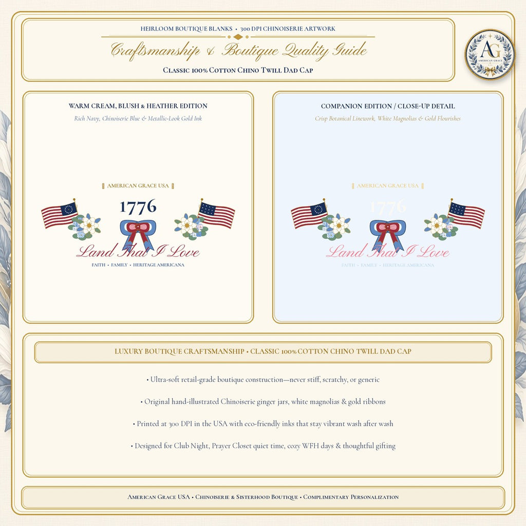 "1776 • Land That I Love" Chinoiserie Ribbon & Stars Classic Dad Cap - Boutique Gallery Card 3