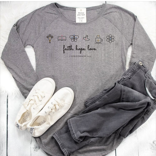 Faith Hope Love Women's Featherweight French Terry Raglan Top White Shiplap Outfit Flat-Lay Hero | American Grace USA