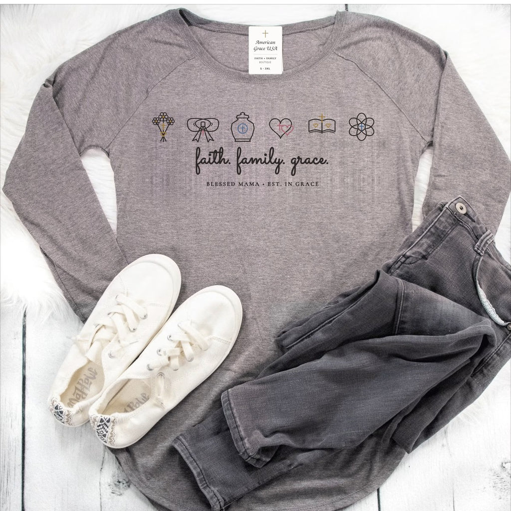 Personalized Faith Family Grace Blessed Mama Women's Long Sleeve Tunic Tee White Shiplap Outfit Flat-Lay Hero | American Grace USA