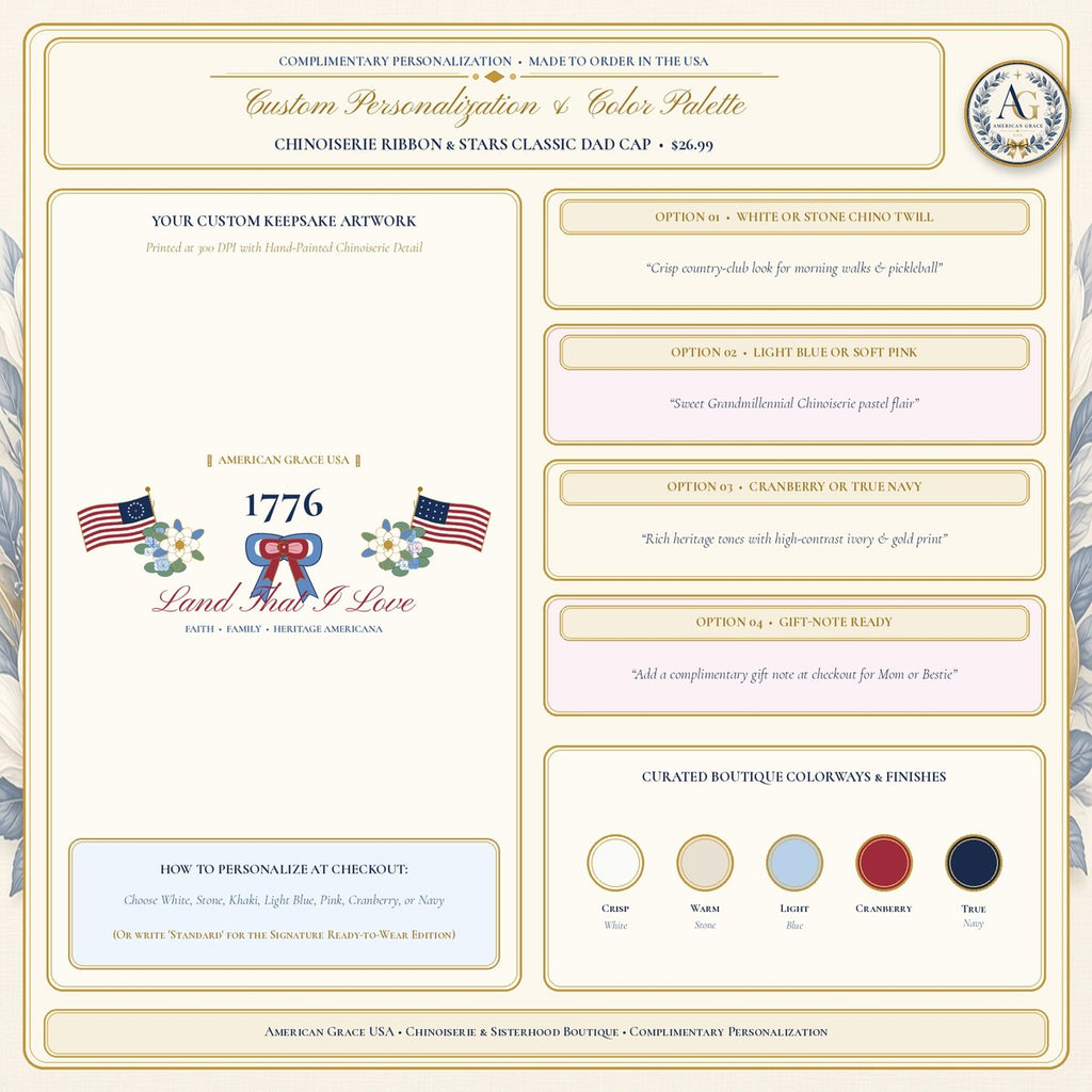 "1776 • Land That I Love" Chinoiserie Ribbon & Stars Classic Dad Cap - Boutique Gallery Card 2