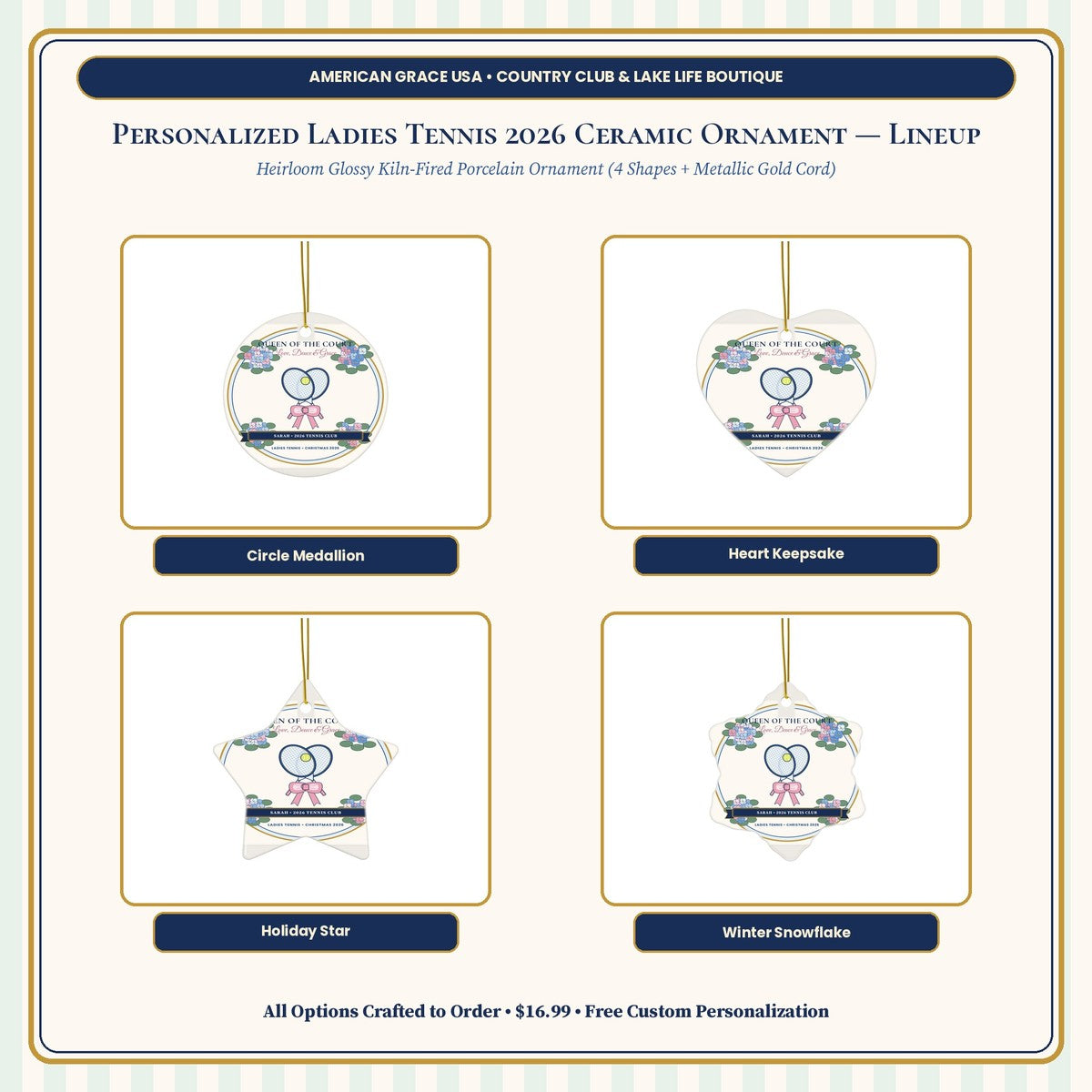 Ladies Tennis 2026 Ceramic Ornament 4 Heirloom Shapes Comparison Lineup