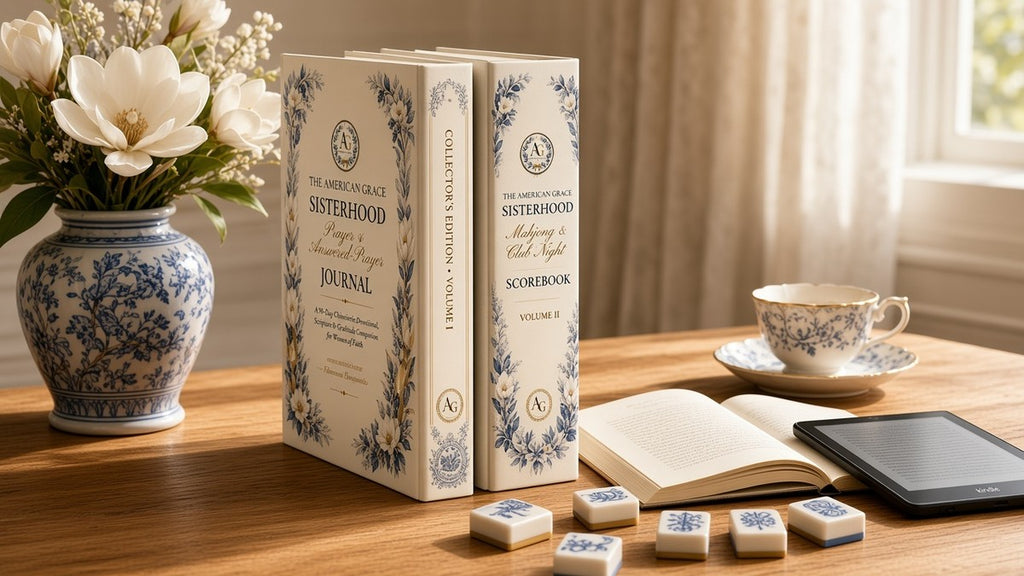 The American Grace Sisterhood Collector's Edition Volume I & Volume II Chinoiserie Spine Lineup on Warm White Oak Table