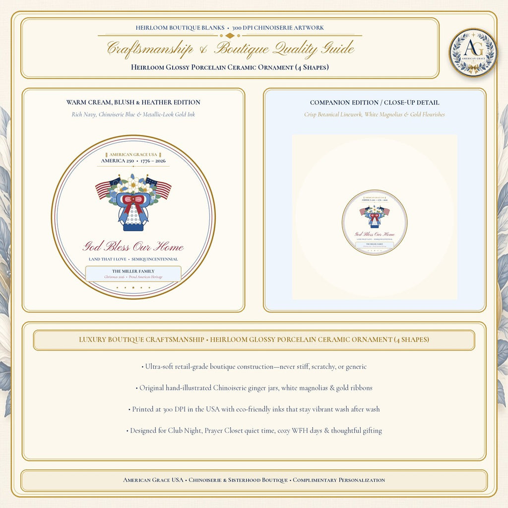 Personalized "God Bless Our Home • America 250 (1776–2026)" Chinoiserie Ginger-Jar & Flag Ceramic Christmas Ornament - Boutique Gallery Card 3