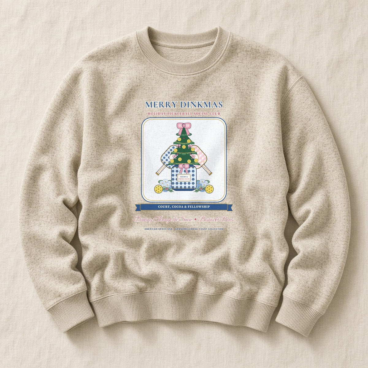 Merry Dinkmas Court & Cocoa Club Chinoiserie Ginger-Jar Tree Sponge Fleece Sweatshirt in Heather Dust Flat-Lay | American Grace USA