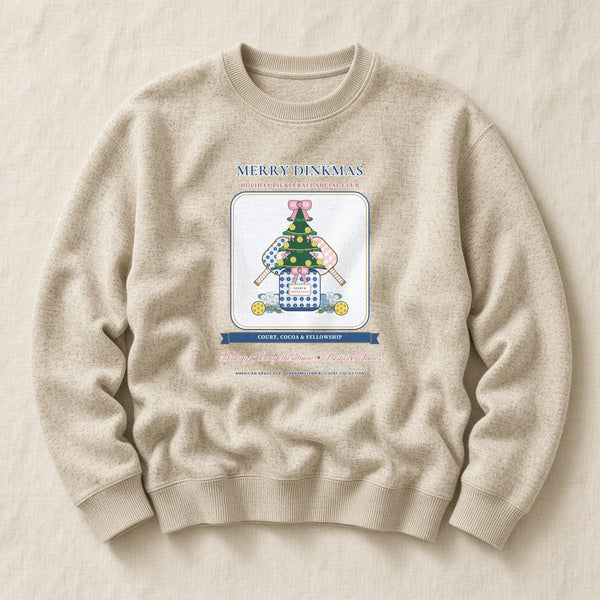 Merry Dinkmas Court & Cocoa Club Chinoiserie Ginger-Jar Tree Sponge Fleece Sweatshirt in Heather Dust Flat-Lay | American Grace USA
