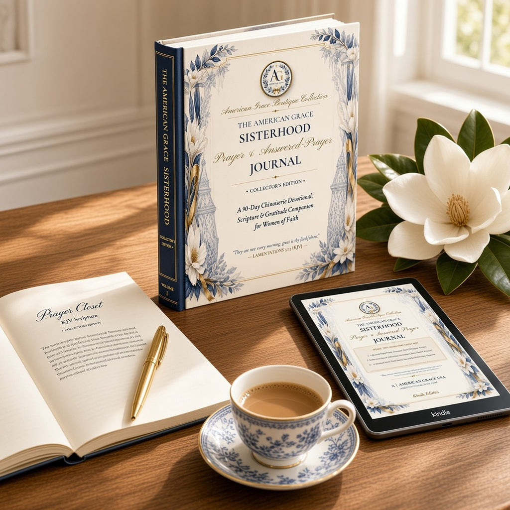 The American Grace Sisterhood Prayer & Answered-Prayer Journal (Volume I) — Hardcover, Open Paperback & Kindle on Warm White Oak Table