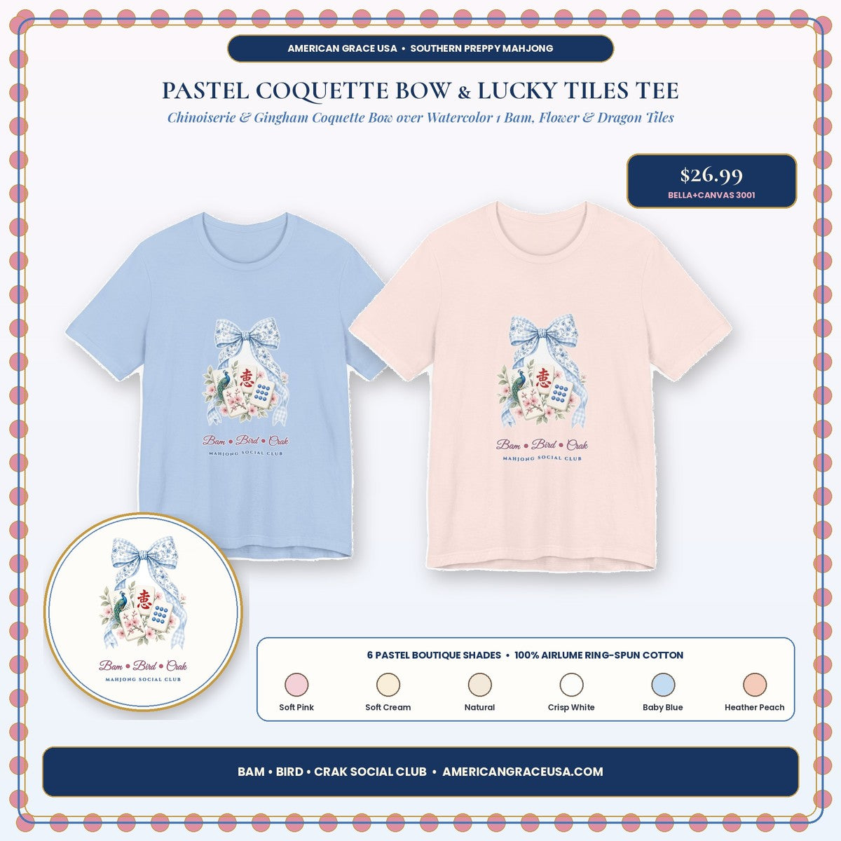 Pastel Coquette Bow & Lucky Mahjong Tiles Shirt — Chinoiserie Bam Bird Crak Social Club Bella+Canvas 3001 Tee by AmericanGraceUSA