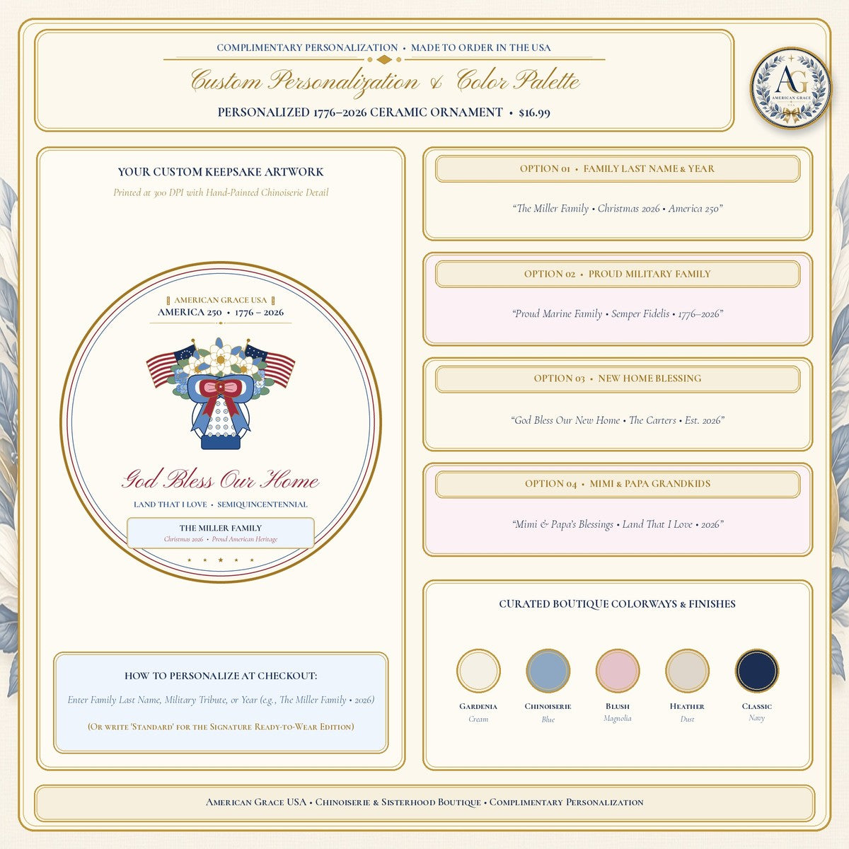 Personalized "God Bless Our Home • America 250 (1776–2026)" Chinoiserie Ginger-Jar & Flag Ceramic Christmas Ornament - Boutique Gallery Card 2