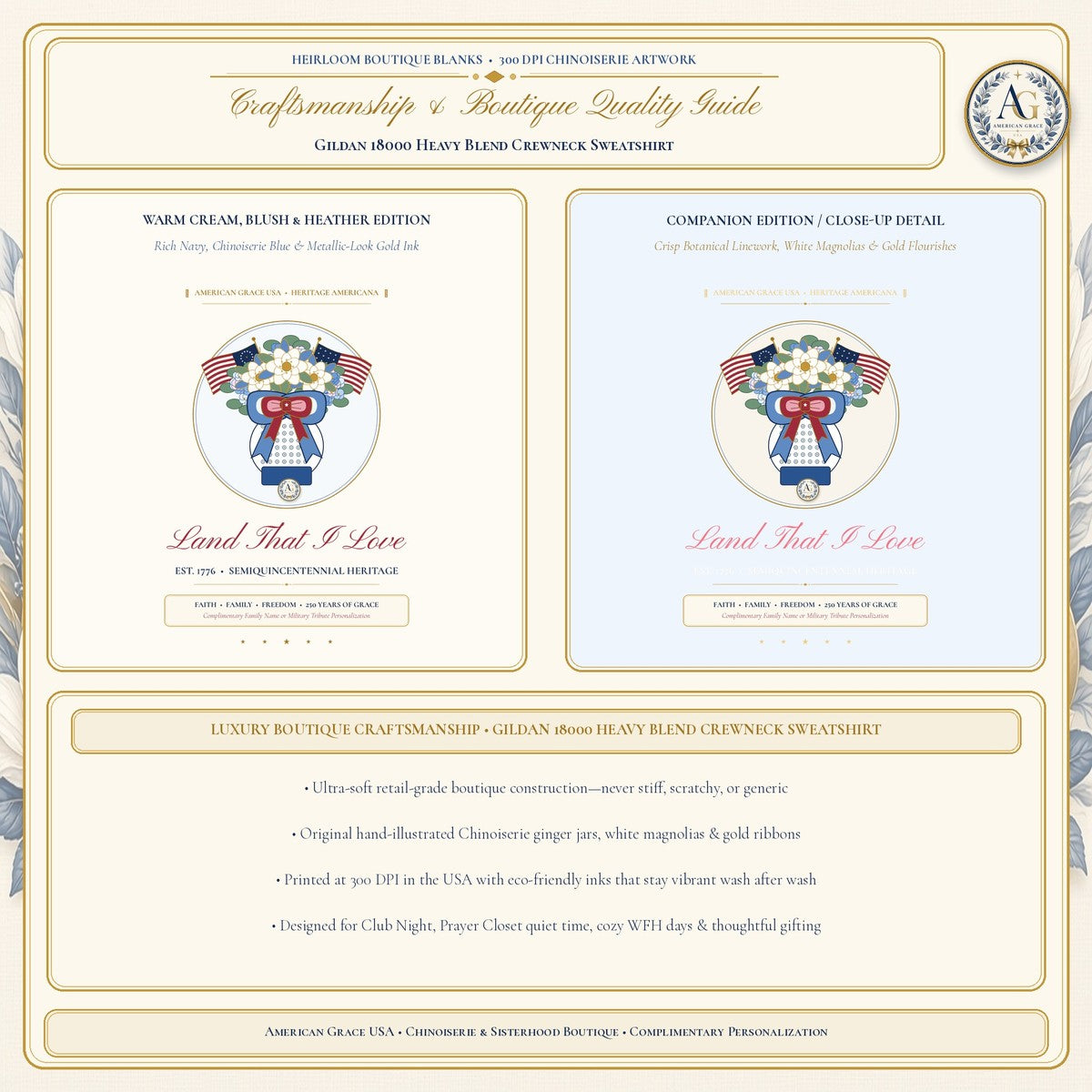 "Land That I Love • Est. 1776" Chinoiserie Ginger Jar, White Magnolia & Vintage American Flag Bow Heavyweight Crewneck Sweatshirt - Boutique Gallery Card 3