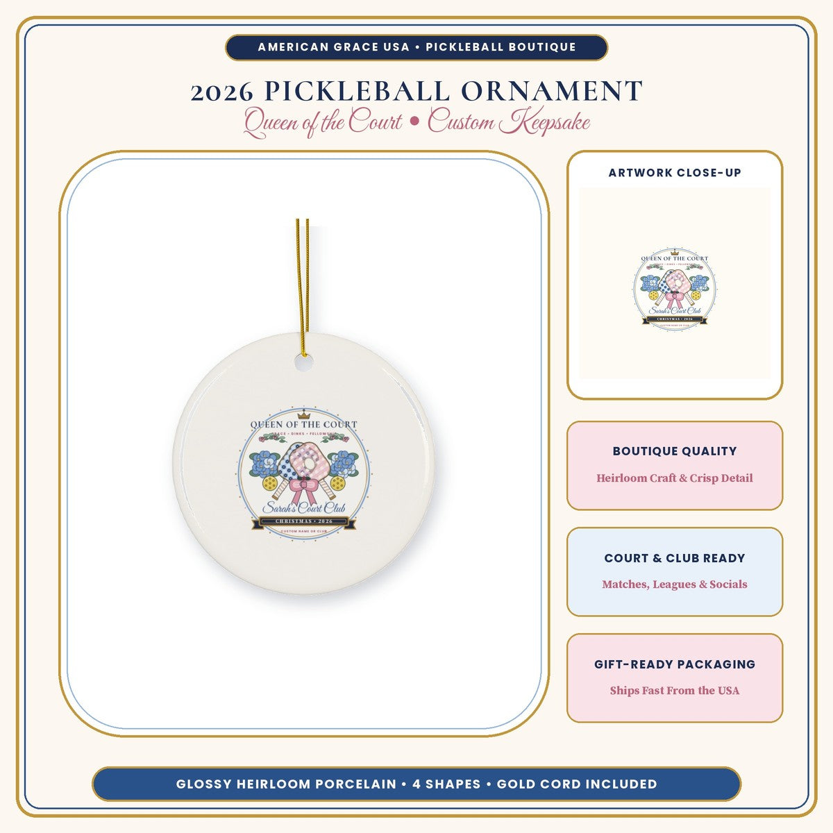 Personalized Queen of the Court 2026 Pickleball Ceramic Christmas Ornament Boutique Hero Card