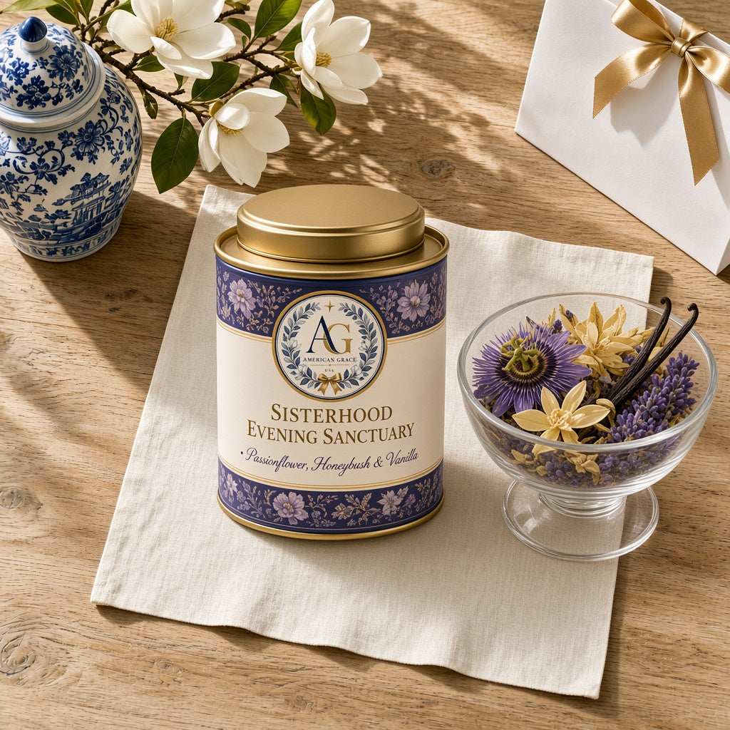 The Sisterhood Evening Sanctuary Blend — USDA Organic Passionflower, Honeybush, Lavender & Vanilla Bean Tea (American Grace USA) — Sunlit White Oak Table Close-Up