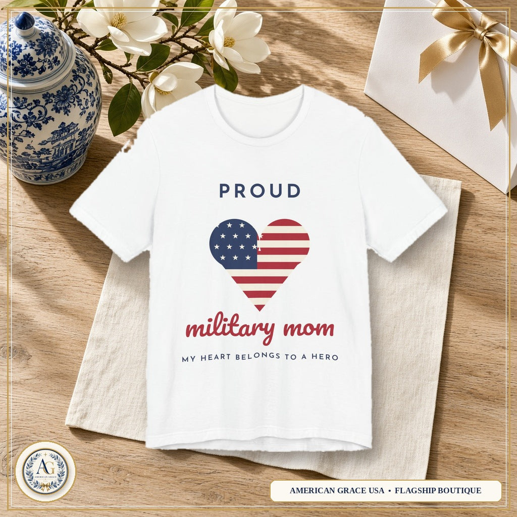 Proud Military Mom Shirt, American Flag Heart Tee, Military Mom Gift, Patriotic Mom T-Shirt, Deployment Support Shirt — American Grace USA Flagship Boutique