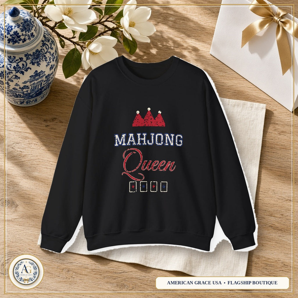 Mahjong Queen Sweatshirt, Varsity Mahjong Crewneck, Mahjong Player Gift, Mah Jongg Club Shirt, Game Night Gift for Her — American Grace USA Flagship Boutique