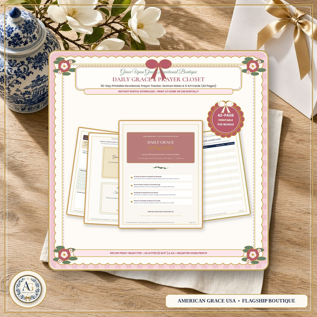 "Daily Grace & Prayer Closet" Printable 30-Day Devotional & Prayer Journal (PDF Bundle — 8.5x11 & A4) — American Grace USA Flagship Boutique
