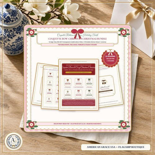 "Coquette Bow & Cozy Christian Christmas" T-Shirt, Mug & Sticker Sublimation PNG Bundle (12 High-Res 300 DPI Transparent PNGs + Commercial Use PDF) — American Grace USA Flagship Boutique