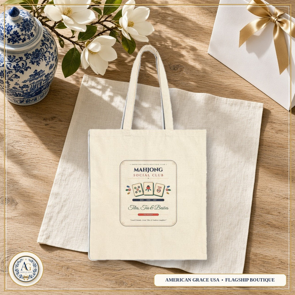Mahjong Social Club Canvas Tote Bag | Tiles Tea & Besties Chinoiserie Game Night Tote | Mahjong Player Gift — American Grace USA Flagship Boutique