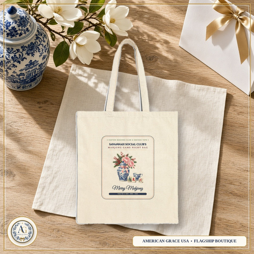 Personalized Merry Mahjong & Custom Club Name Hostess Canvas Tote Bag | Chinoiserie Ginger Jar Game Night Bag — American Grace USA Flagship Boutique