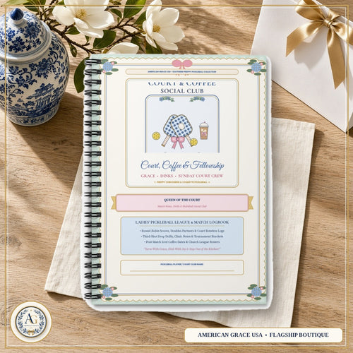 "Court, Coffee & Fellowship" — Preppy Chinoiserie & Coquette Bow Ladies' Pickleball Club Hardcover Spiral Journal — American Grace USA Flagship Boutique