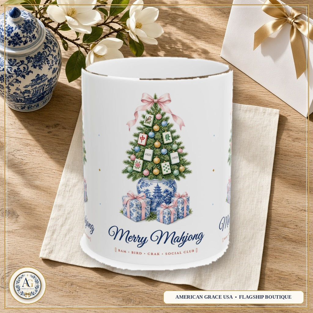 "Merry Mahjong" Chinoiserie Ginger-Jar Christmas Tree & Coquette Bow Ceramic Mug (11oz / 15oz) | Southern Preppy Mahjong Hostess Gift — American Grace USA Flagship Boutique