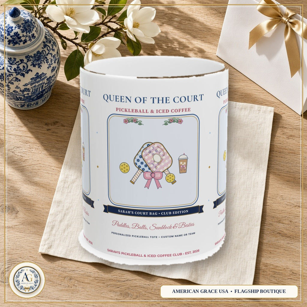Personalized "Queen of the Court" Custom Name or Club Preppy Chinoiserie Pickleball & Iced Coffee Ceramic Mug (11oz / 15oz) — American Grace USA Flagship Boutique