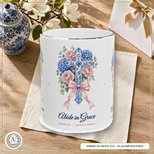 "Abide in Grace • John 15:4" Chinoiserie Ginger-Jar & Blue Hydrangea Cross Christian Coffee Mug (11oz / 15oz) | Coquette Faith Gift — American Grace USA Flagship Boutique