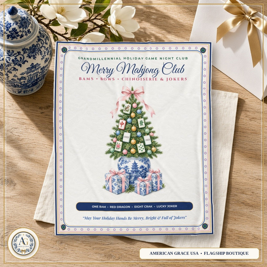 "Merry Mahjong Club" Chinoiserie Ginger-Jar Christmas Tree & Tiles Plush Throw Blanket (50"x60" / 60"x80") | Mahjong Hostess Holiday Gift — American Grace USA Flagship Boutique