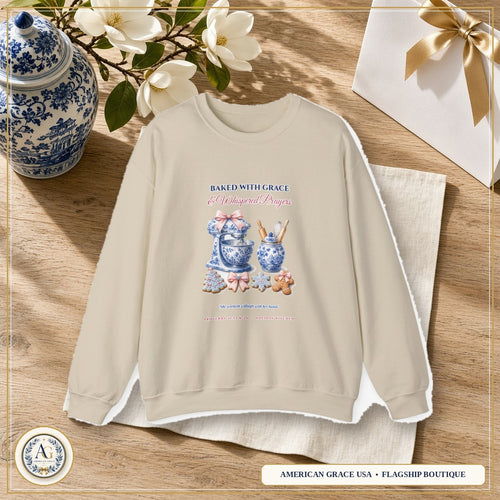 "Baked With Grace & Prayer • Proverbs 31" Gingerbread & Chinoiserie Stand Mixer Holiday Sweatshirt | Christian Christmas Baking Crewneck — American Grace USA Flagship Boutique
