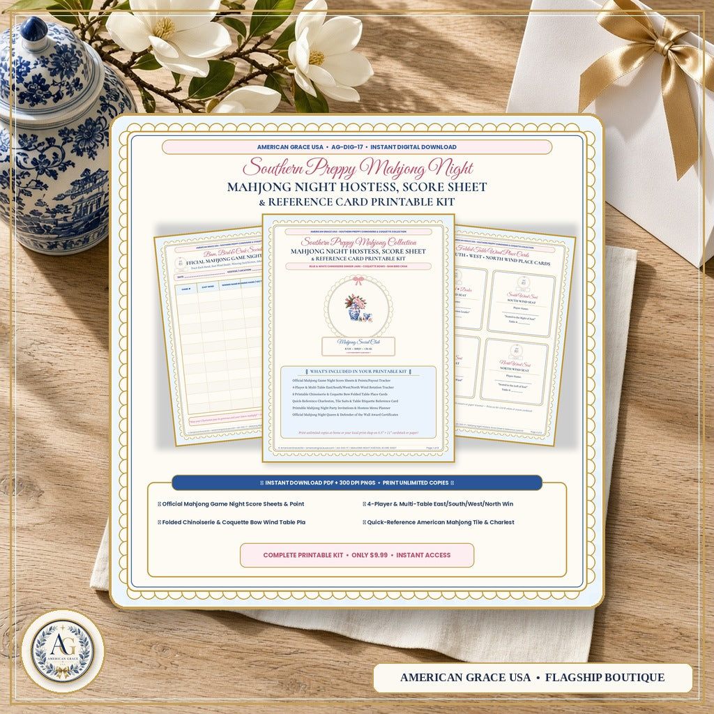 Mahjong Night Hostess, Score Sheet & Reference Card Printable Kit — Blue & White Chinoiserie Ginger Jar & Coquette Bow (Instant Download PDF + PNG) — American Grace USA Flagship Boutique