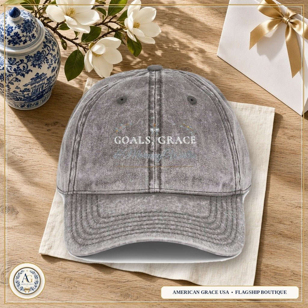"Goals, Grace & Morning Walks" Embroidered Vintage Washed Dad Cap | Christian Women's Walking Club Baseball Hat — American Grace USA Flagship Boutique