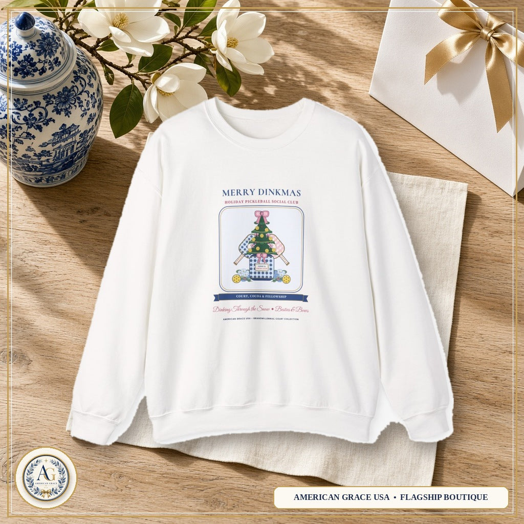 "Merry Dinkmas • Court & Cocoa Club" Chinoiserie Ginger-Jar Christmas Tree & Pickleball Paddles Bella+Canvas Sponge Fleece Sweatshirt | Coquette Crewneck — American Grace USA Flagship Boutique