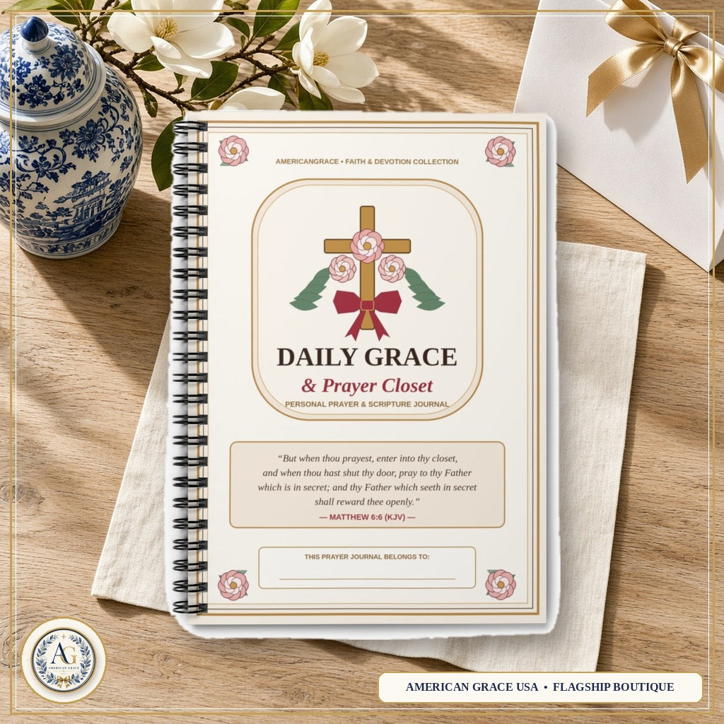 Daily Grace & Prayer Closet Spiral Prayer Journal — Matthew 6:6 Ruled Christian Devotional Notebook — American Grace USA Flagship Boutique