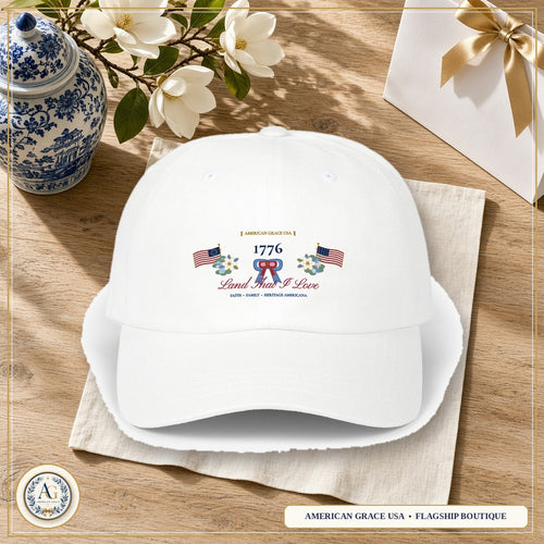 "1776 • Land That I Love" Chinoiserie Ribbon & Stars Classic Dad Cap — American Grace USA Flagship Boutique