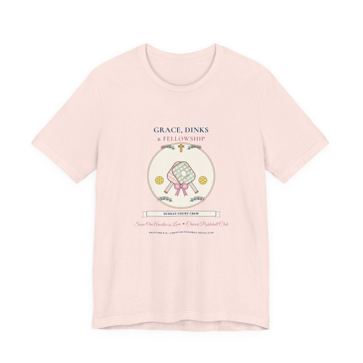 Grace, Dinks & Fellowship Church Pickleball Club Tee in Soft Pink — Flat-Lay Front Mockup