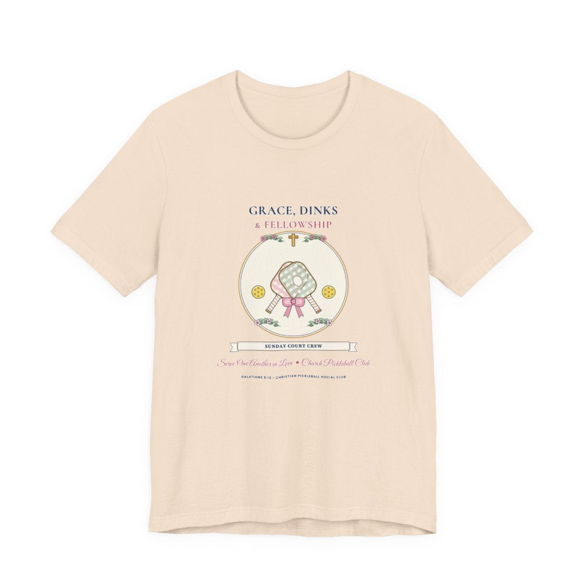 Grace, Dinks & Fellowship Church Pickleball Club Tee in Soft Cream — Flat-Lay Front Mockup