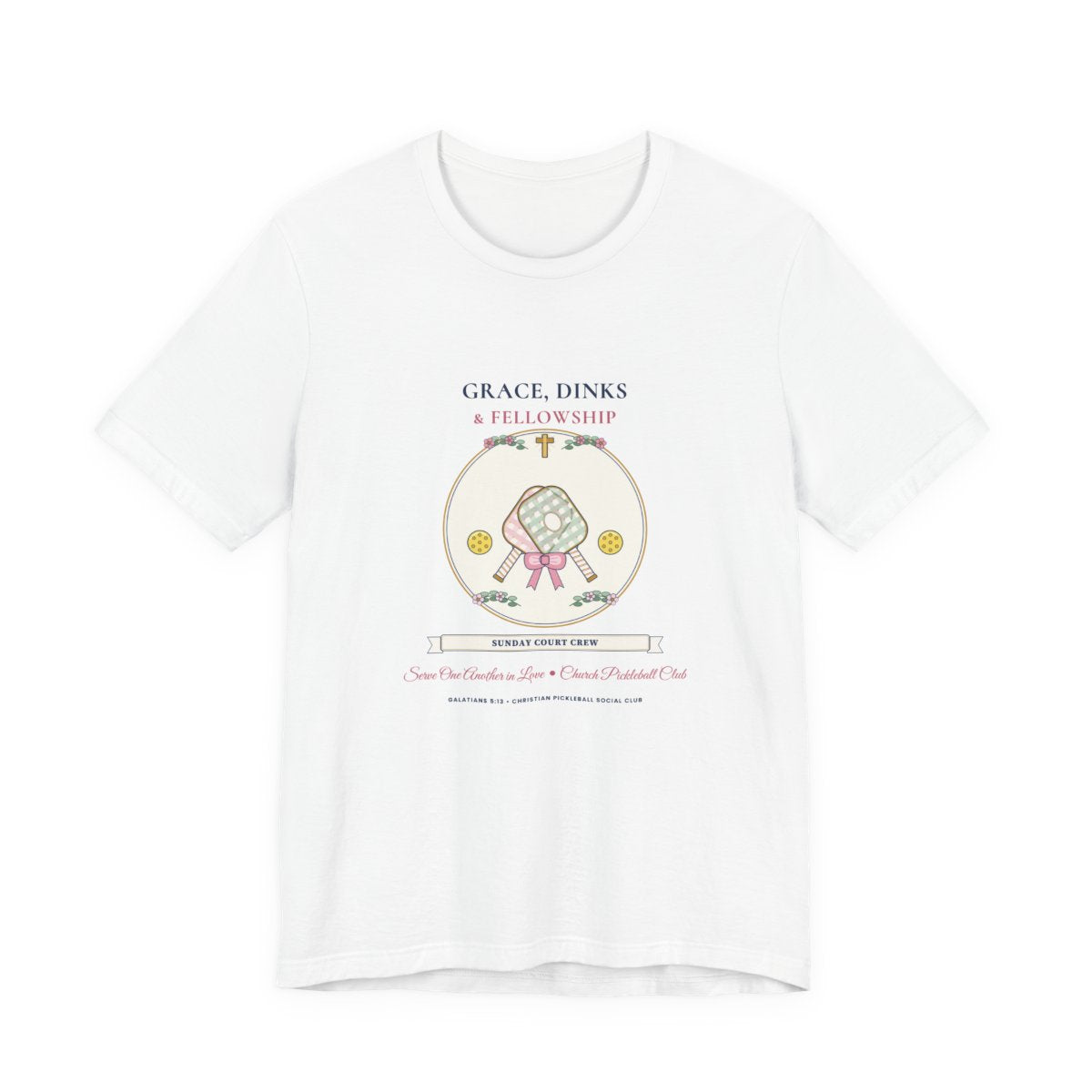 Grace, Dinks & Fellowship Church Pickleball Club Tee in Crisp White — Flat-Lay Front Mockup