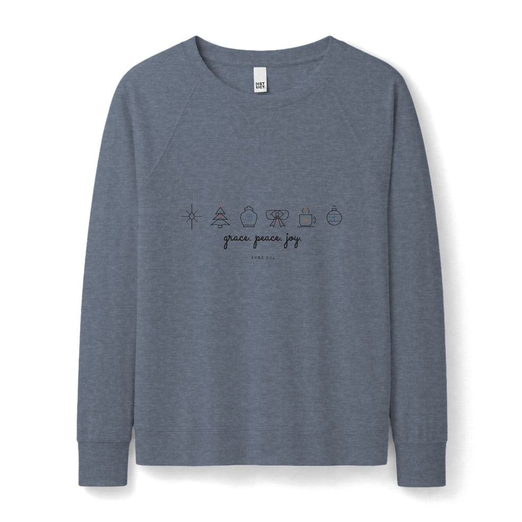 Grace Peace Joy Raglan Pullover in Flint Blue Heather Front Mockup | American Grace USA