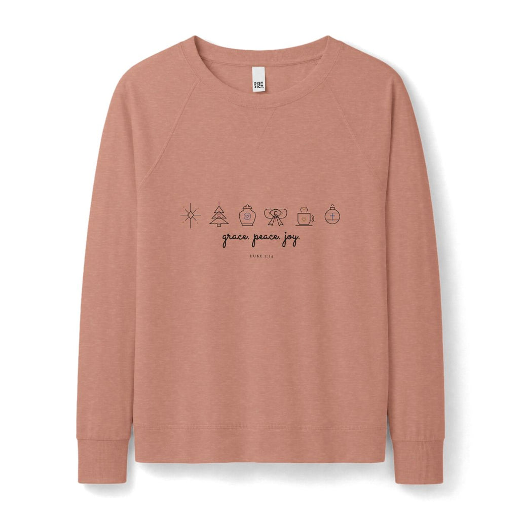 Grace Peace Joy Raglan Pullover in Nostalgia Rose Heather Front Mockup | American Grace USA