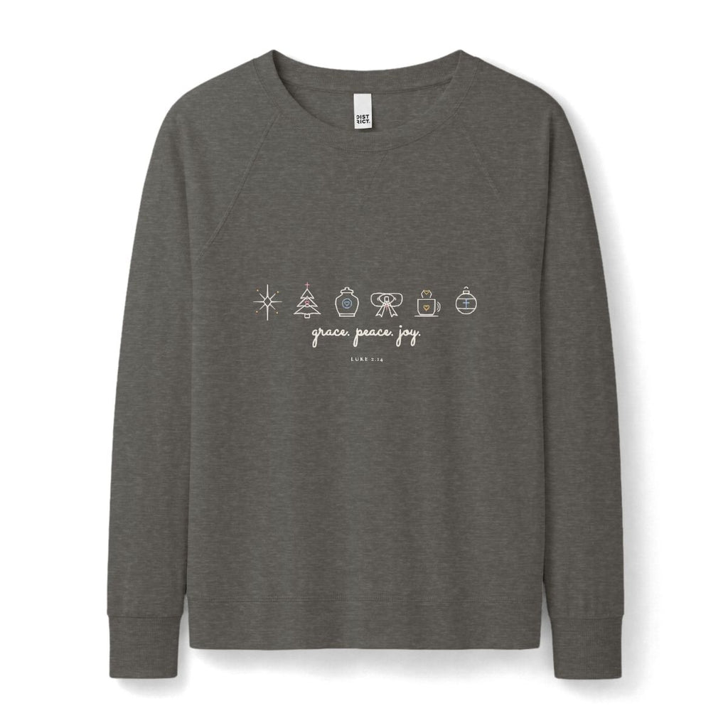 Grace Peace Joy Raglan Pullover in Washed Coal Front Mockup | American Grace USA