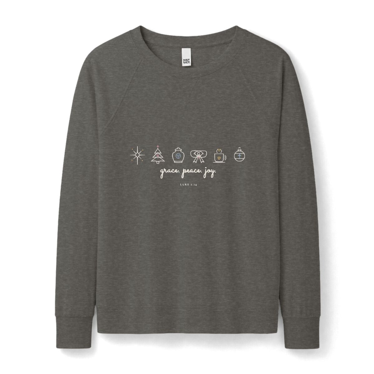 Grace Peace Joy Raglan Pullover in Washed Coal Front Mockup | American Grace USA
