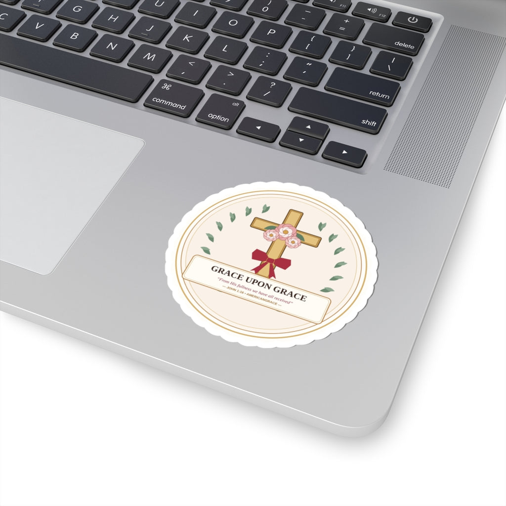 Grace Upon Grace Floral Cross Kiss-Cut Sticker - Laptop Lifestyle View