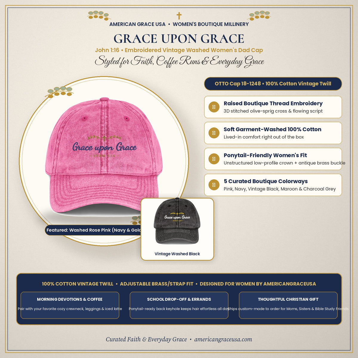 Grace Upon Grace Embroidered Vintage Washed Dad Cap - Cozy Boutique Flat-Lay & Women's Styling Card by AmericanGraceUSA