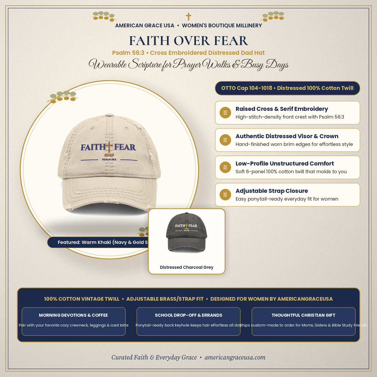 Faith Over Fear Cross Embroidered Distressed Dad Hat - Cozy Boutique Flat-Lay & Women's Styling Card by AmericanGraceUSA