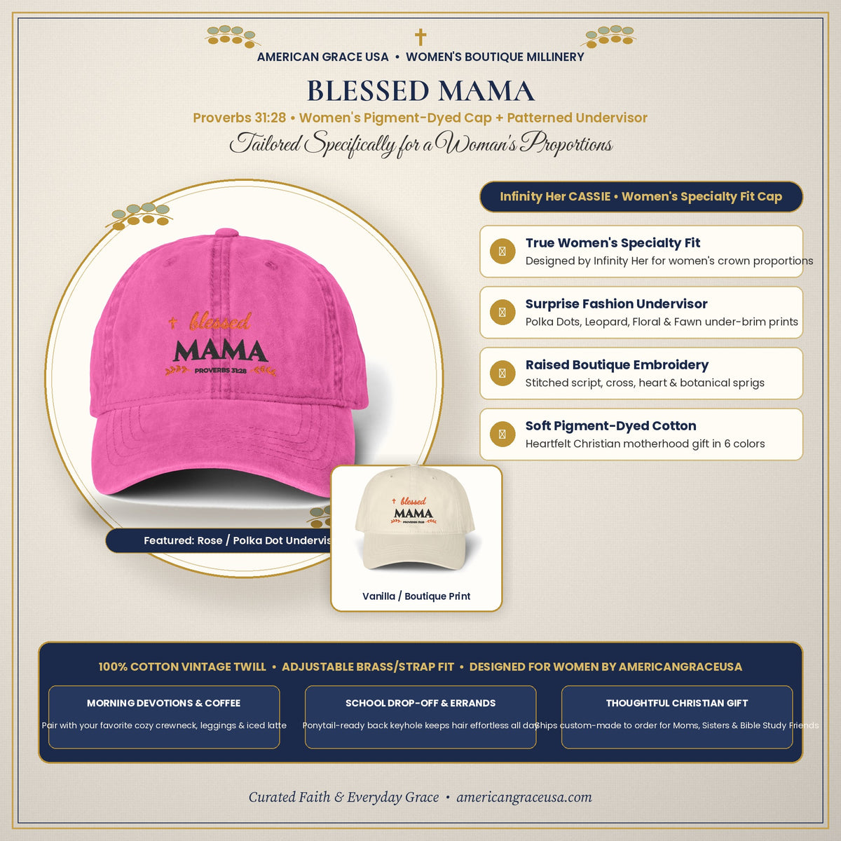 Blessed Mama Embroidered Women's Pigment-Dyed Cap - Cozy Boutique Flat-Lay & Women's Styling Card by AmericanGraceUSA