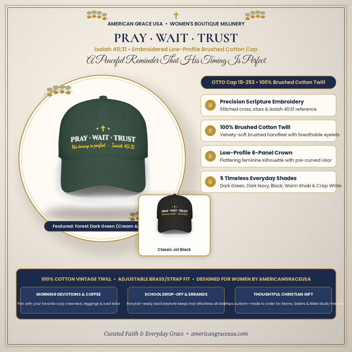 Pray Wait Trust Embroidered Low-Profile Baseball Cap - Cozy Boutique Flat-Lay & Women's Styling Card by AmericanGraceUSA